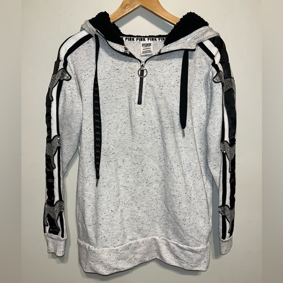 RARE Victoria's Secret Pink Bling Campus Sherpa Hooded Q Zip Silver Dog Ptp 21” - Picture 4 of 4